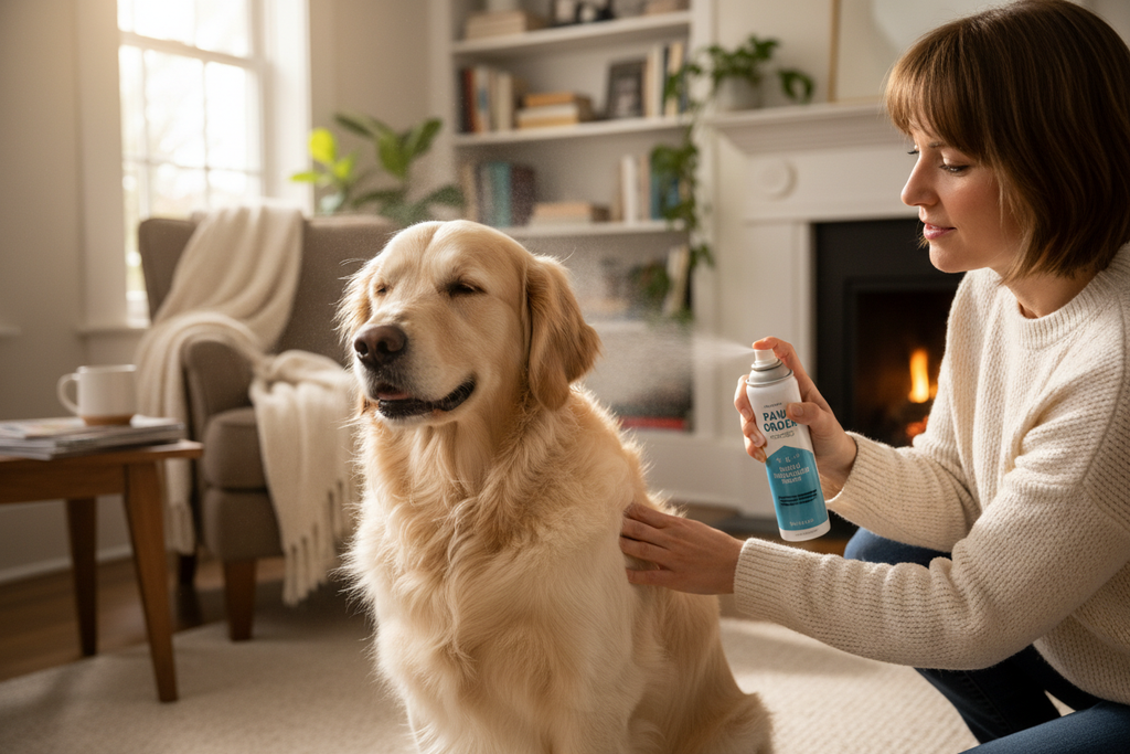 Dog being sprayed with waterless dry shampoo