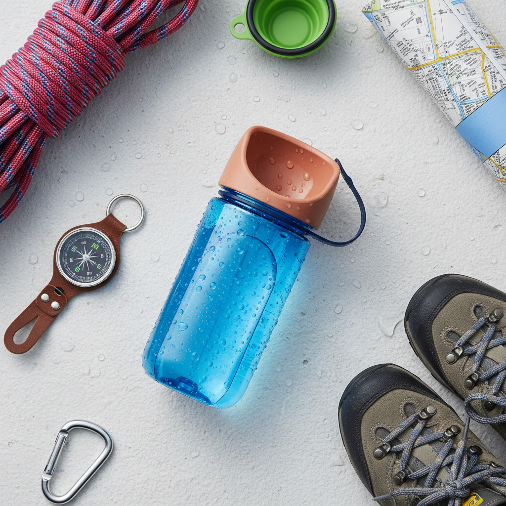 Portable pet water bottle flat lay