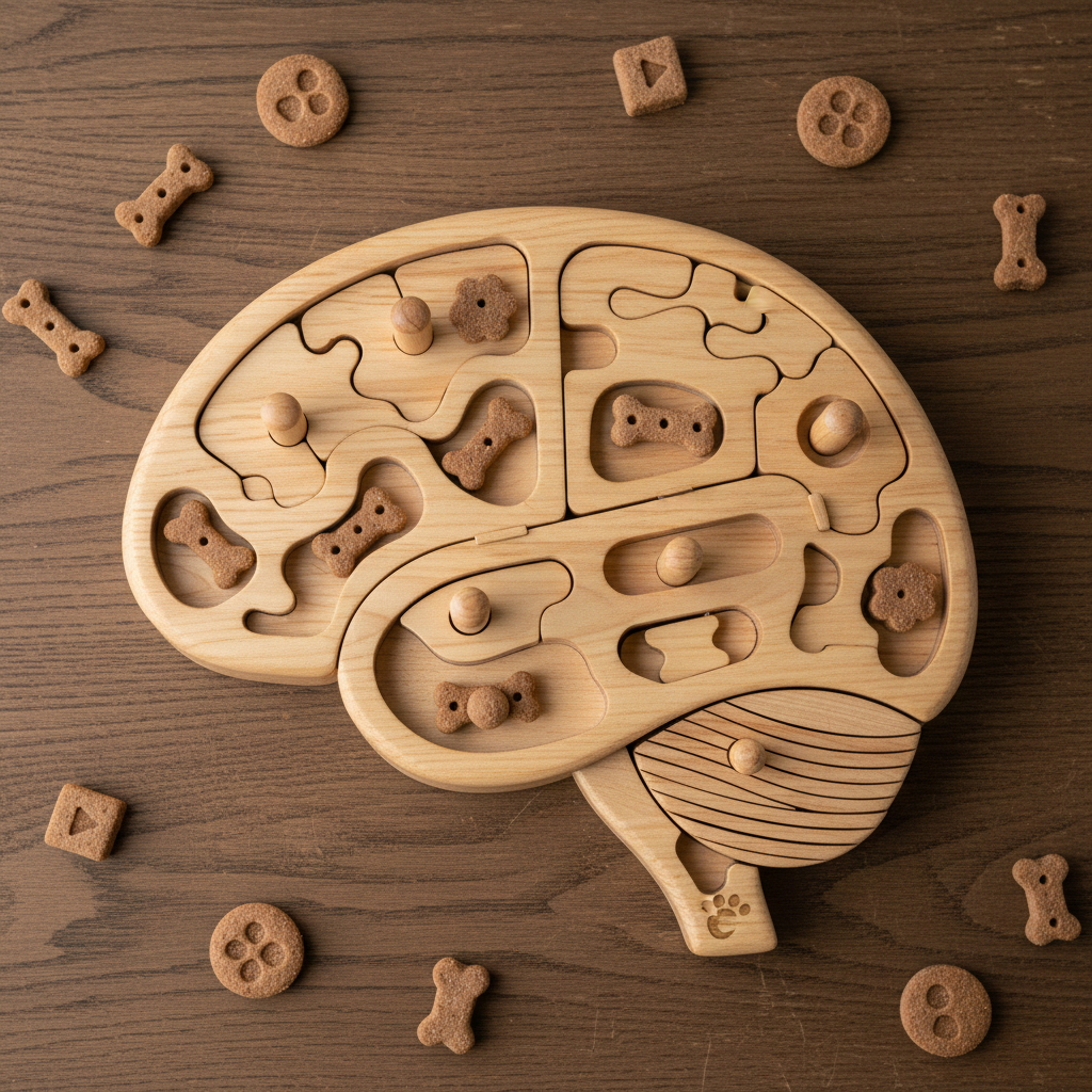 Dog puzzle toy flat lay with treats