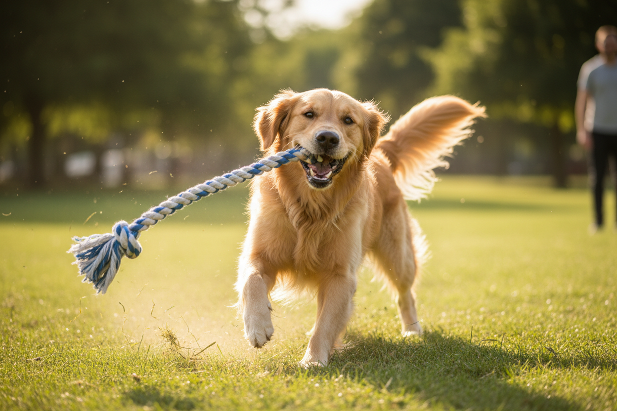 Dog playing tug of war with rope toy