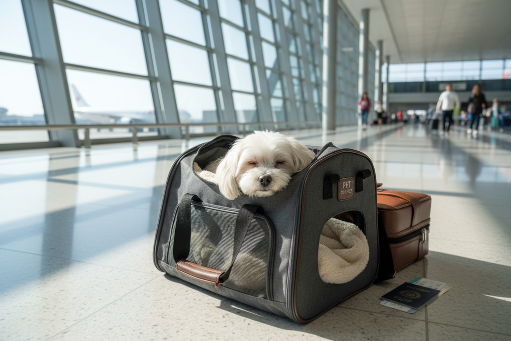 Dog in pet carrier at airport