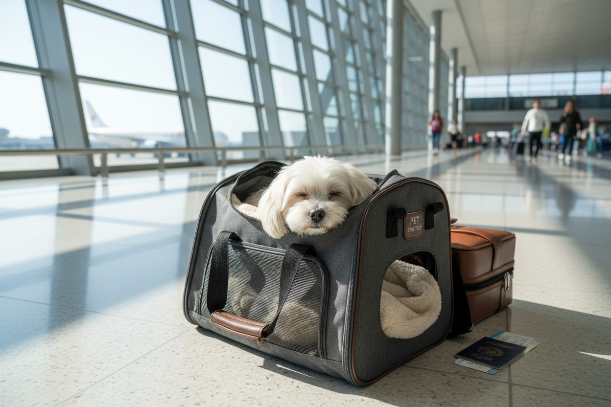 Dog in pet carrier at airport