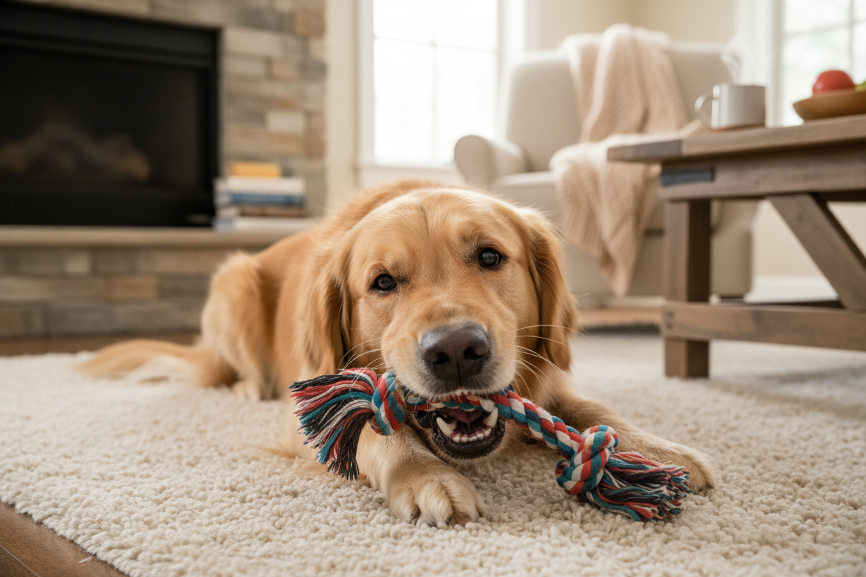 Dog chewing rope toy at home