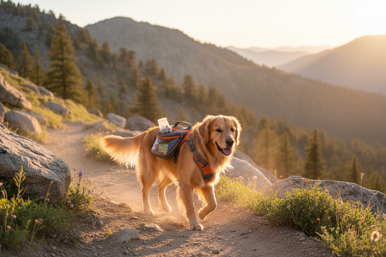 Dog wearing hiking harness on mountain trail