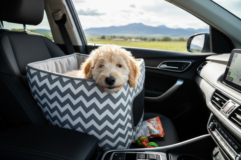 Dog in car booster seat during road trip