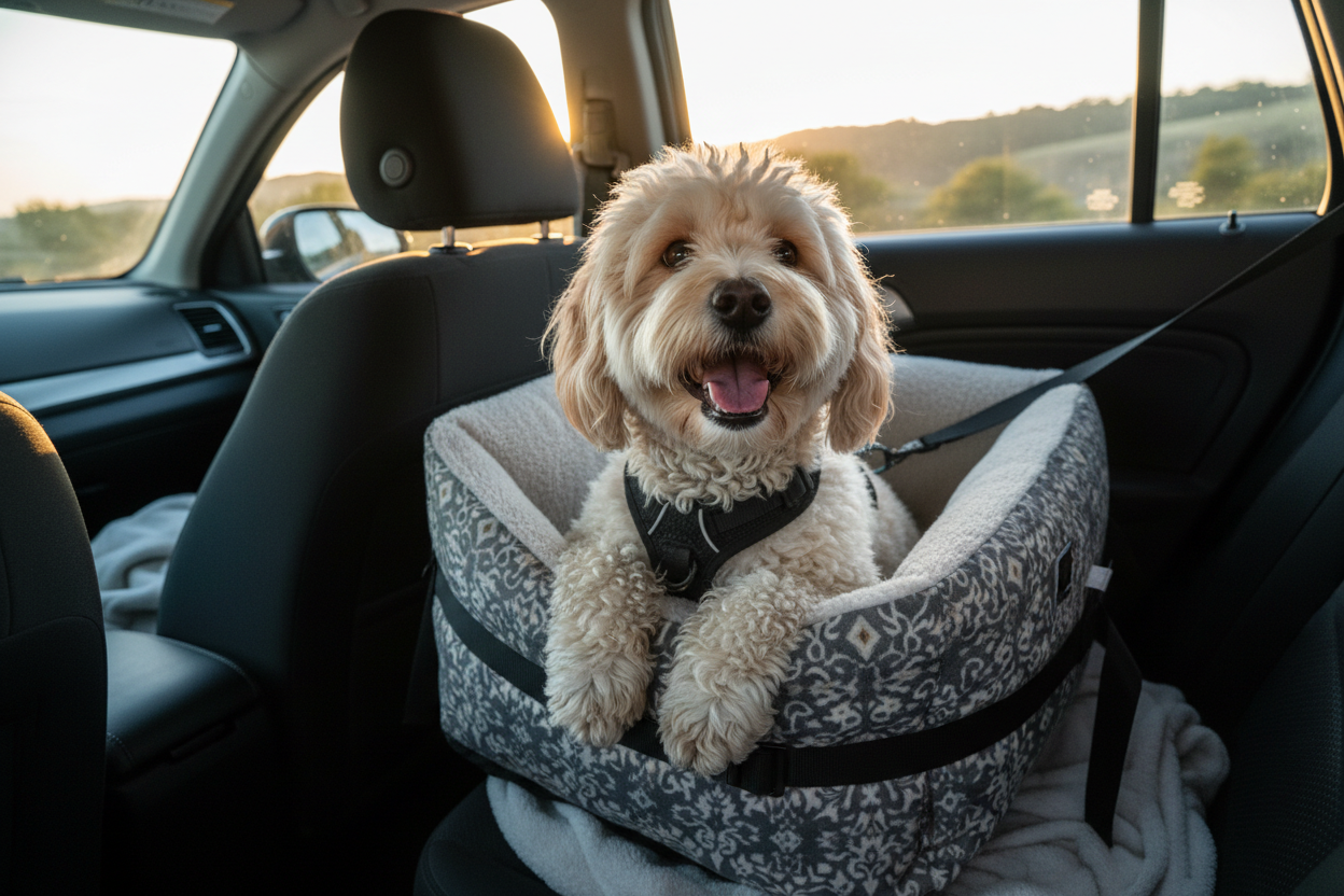 Small dog in car booster seat looking out window