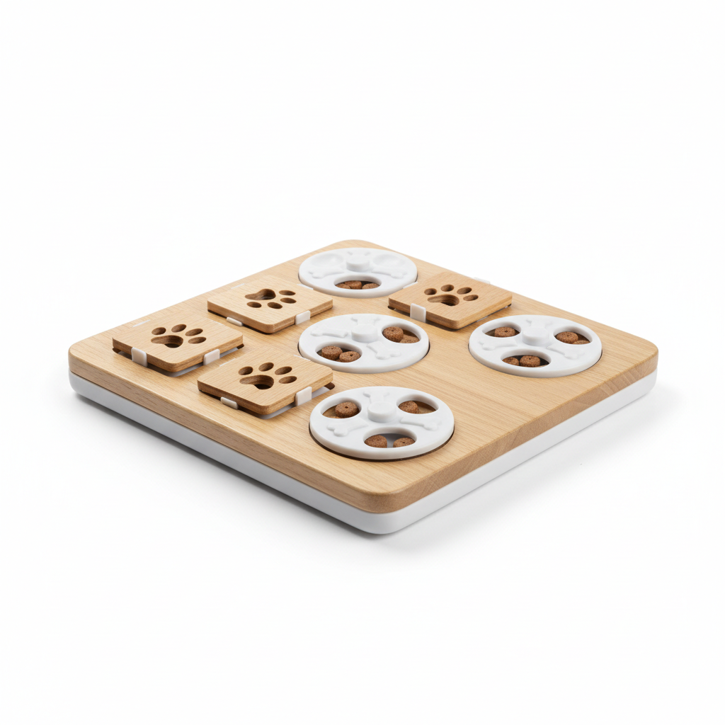 Dog puzzle treat dispenser toy white background
