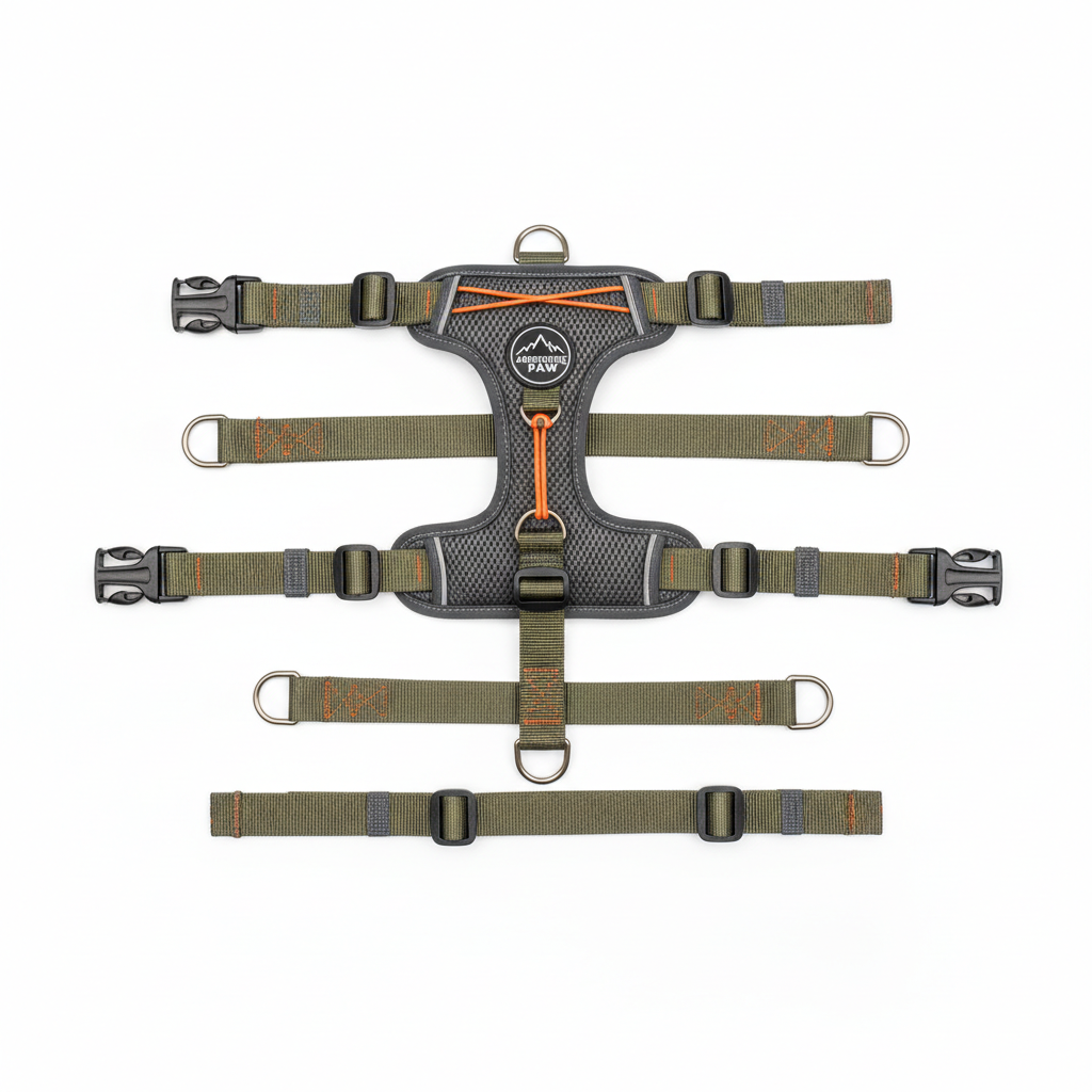Dog hiking harness flat lay