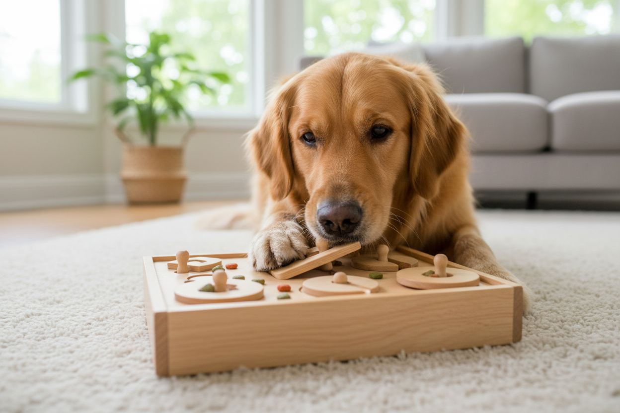 Dog solving puzzle treat dispenser