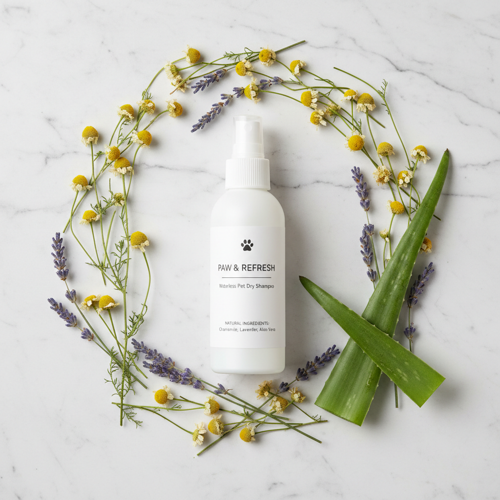 Flat lay of shampoo spray with natural ingredients