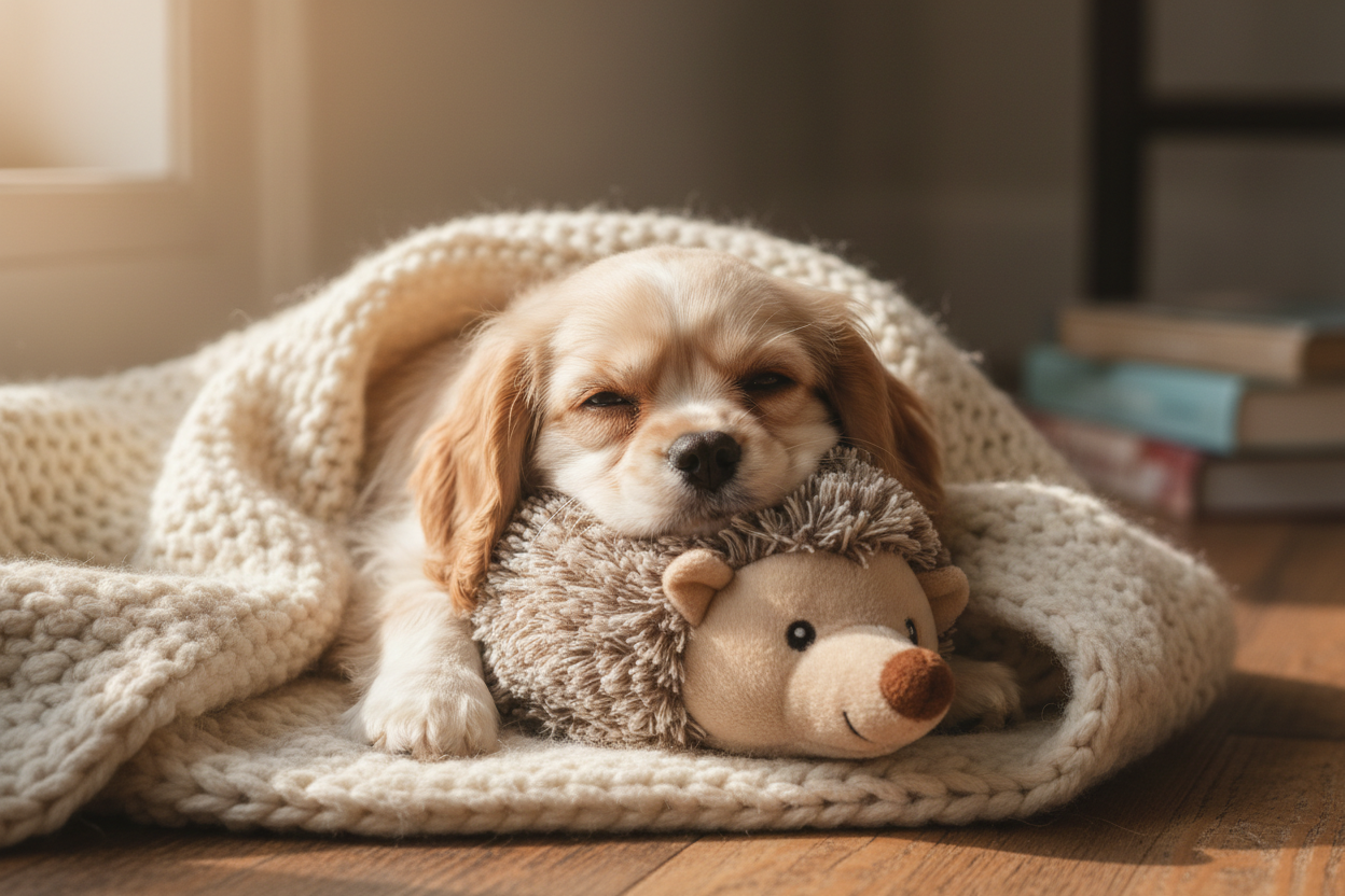 Dog cuddling with plush hedgehog toy