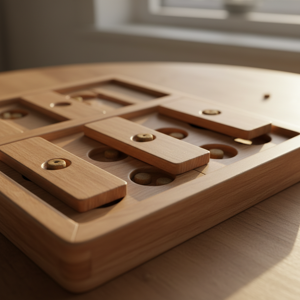 Close-up of puzzle toy sliding compartments