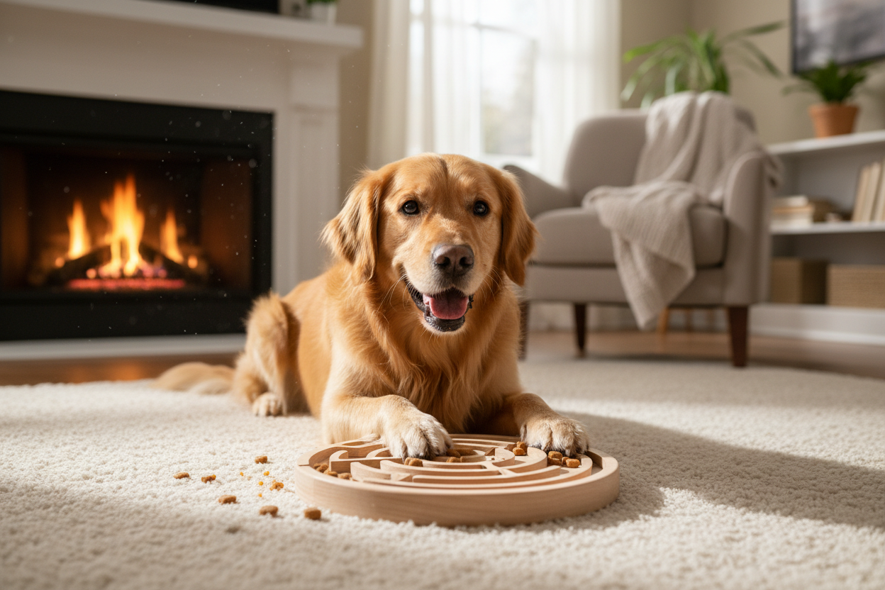 Dog finding treats in puzzle toy