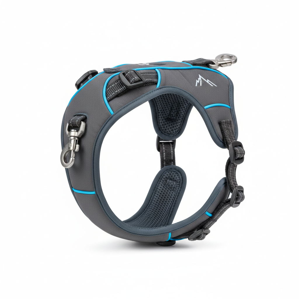 Adjustable dog hiking harness white background