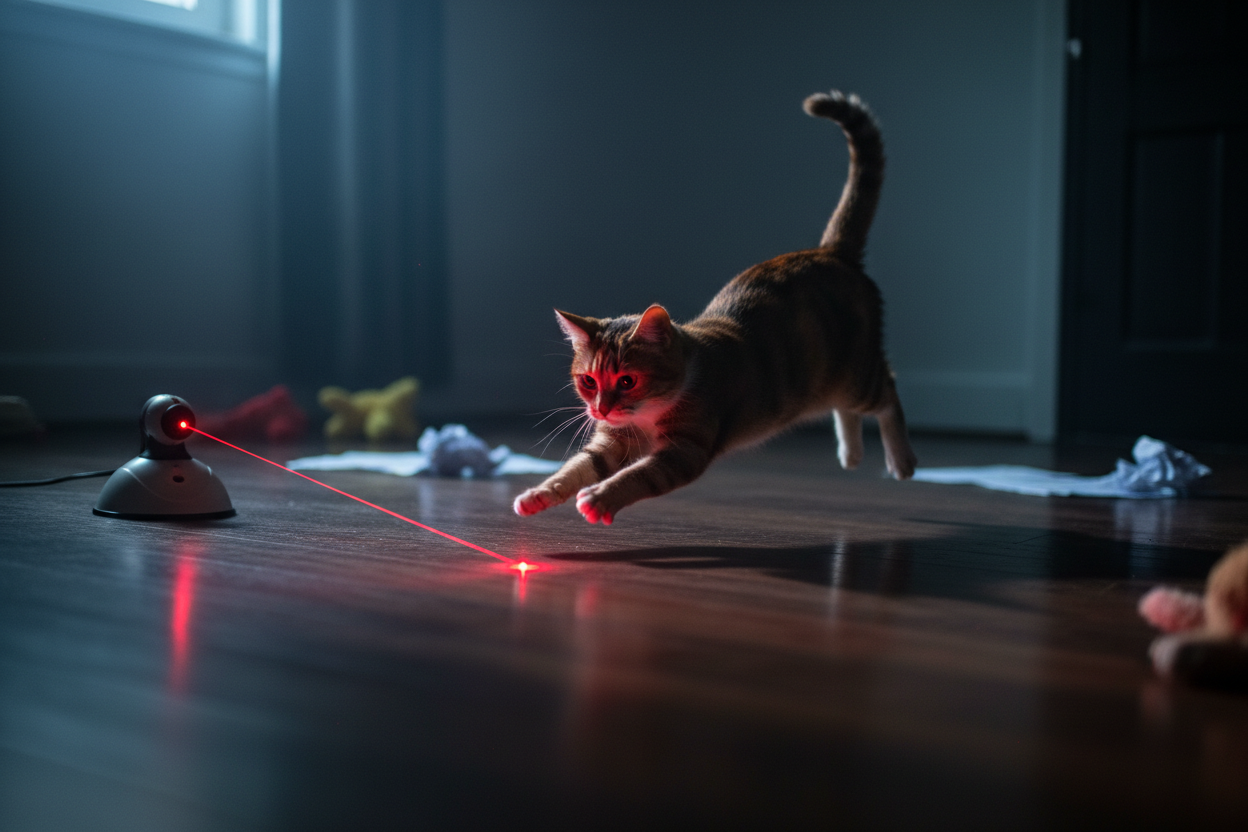 Cat chasing laser dot from automatic toy