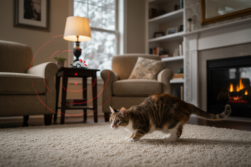Cat focused on laser dot in living room