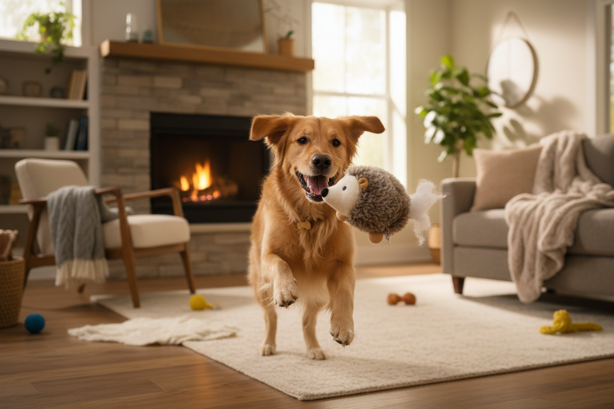 Dog playing with plush hedgehog toy