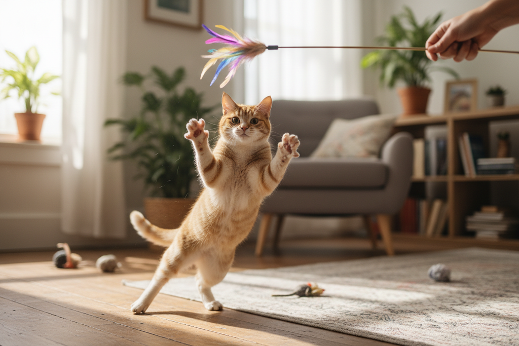 Cat leaping to catch feather wand