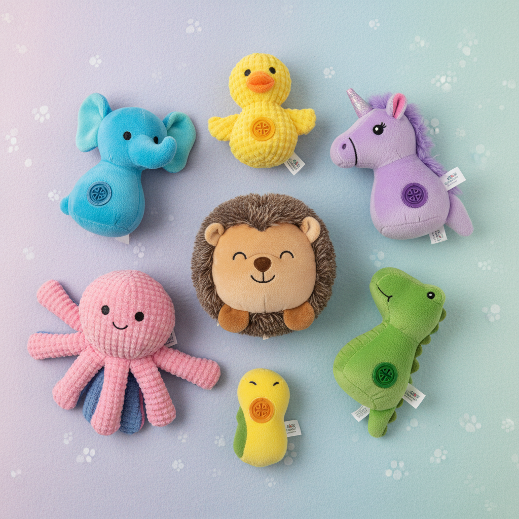 Collection of plush squeaky dog toys