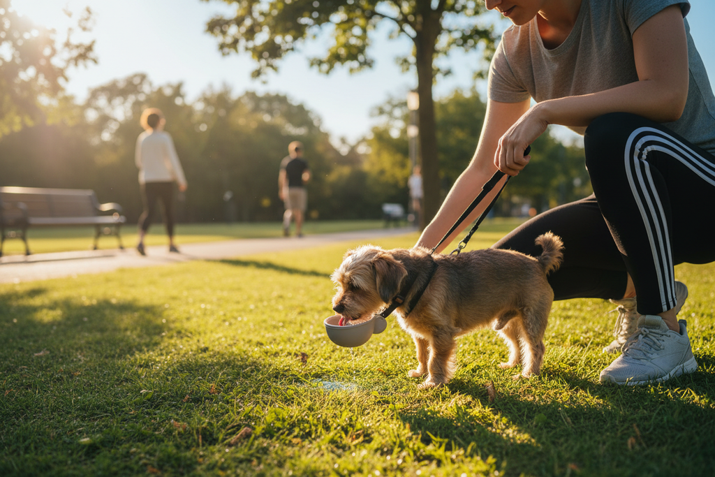 Owner giving water to dog in park