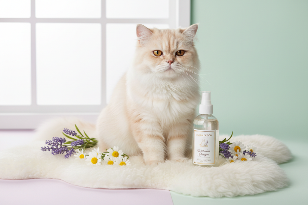 Cat with clean coat next to shampoo spray bottle