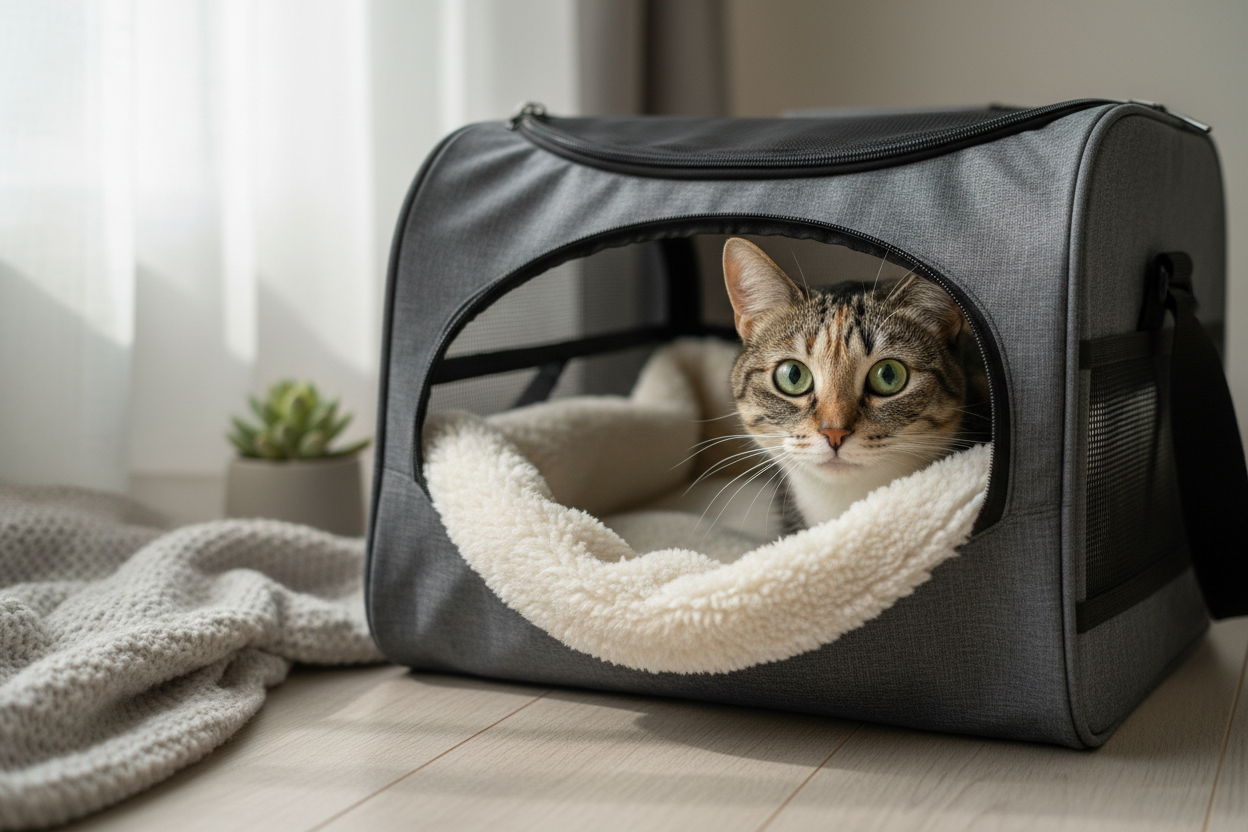 Cat peeking out of travel carrier bag