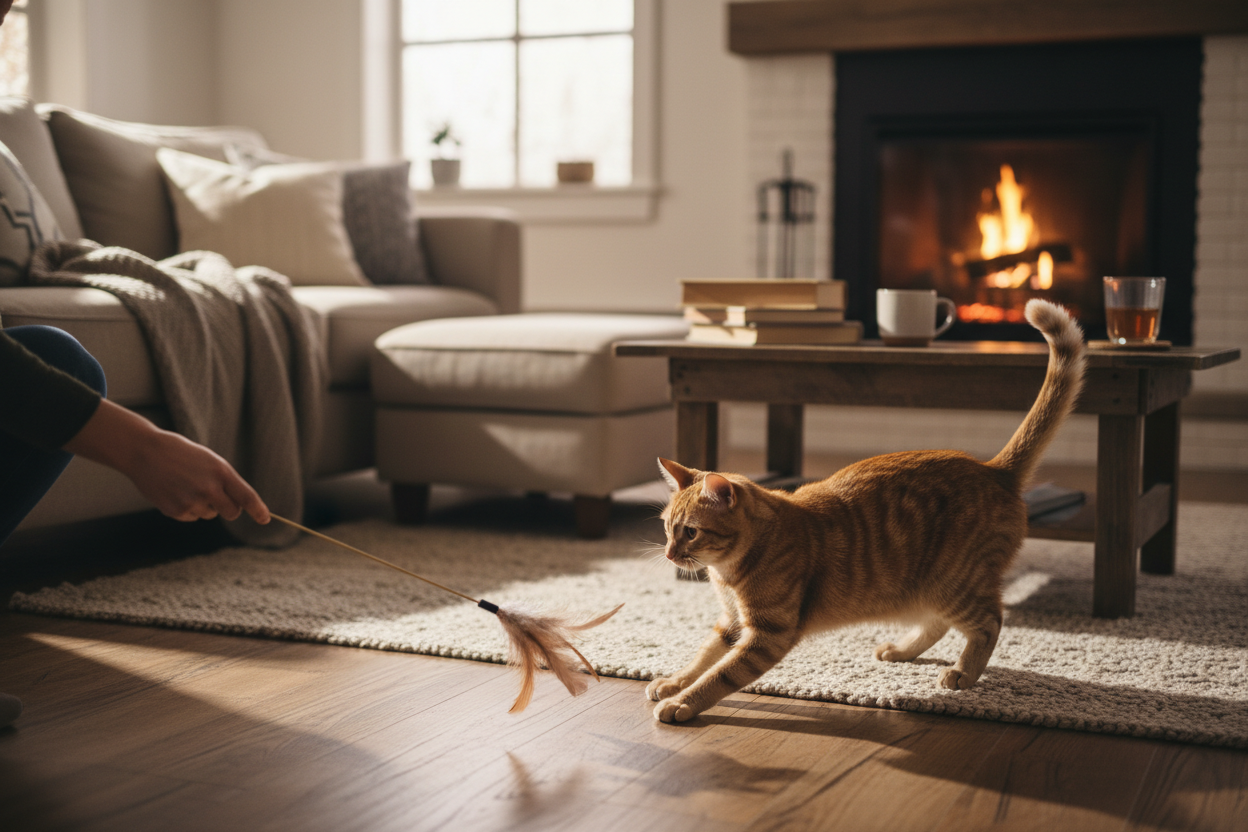 Owner playing with cat using feather wand