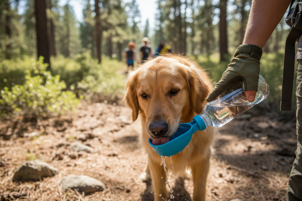 Dog drinking from portable water bottle outdoors
