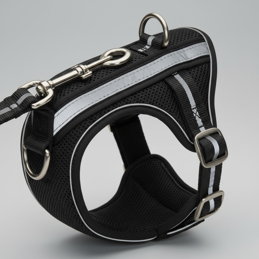 Harness reflective trim and clips close-up