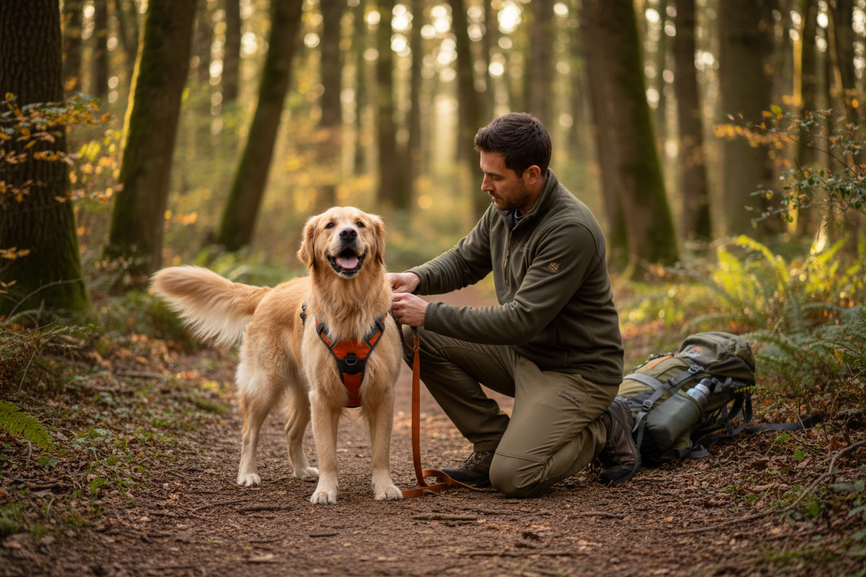Owner adjusting dog harness before trail walk