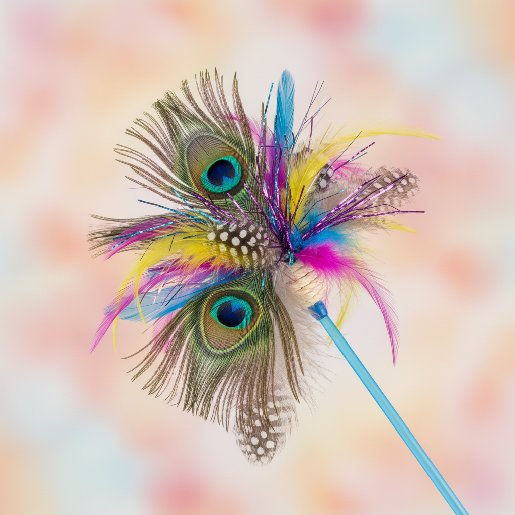 Close-up of colorful feathers on wand toy